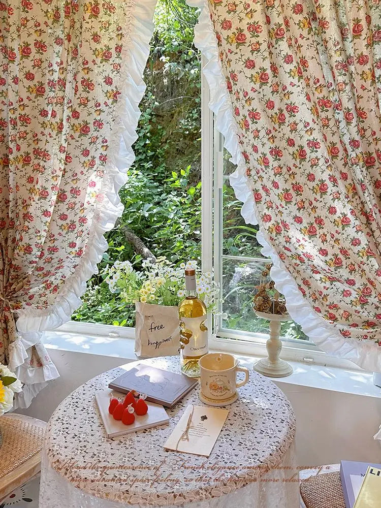 American Ruffled Edge Curtains, Lace French Countryside Style Printed Rose Bedrooms, Ins Style Bay Windows, Screen Curtains,