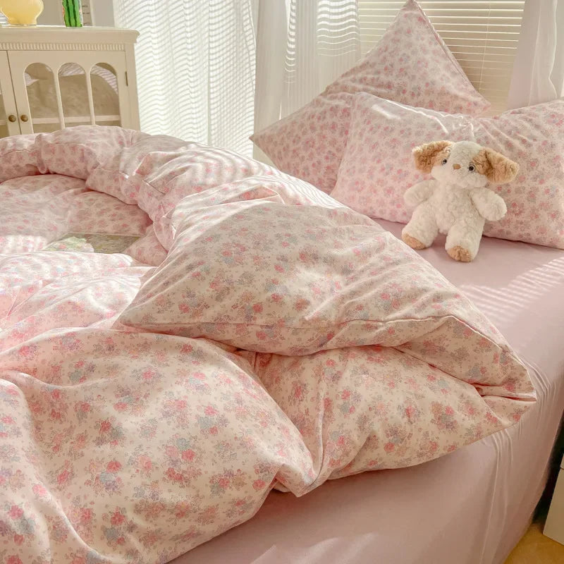 2025 new class A aerobic knitted cotton printing small fresh four-piece set, bed sheet, bed hat four-piece set