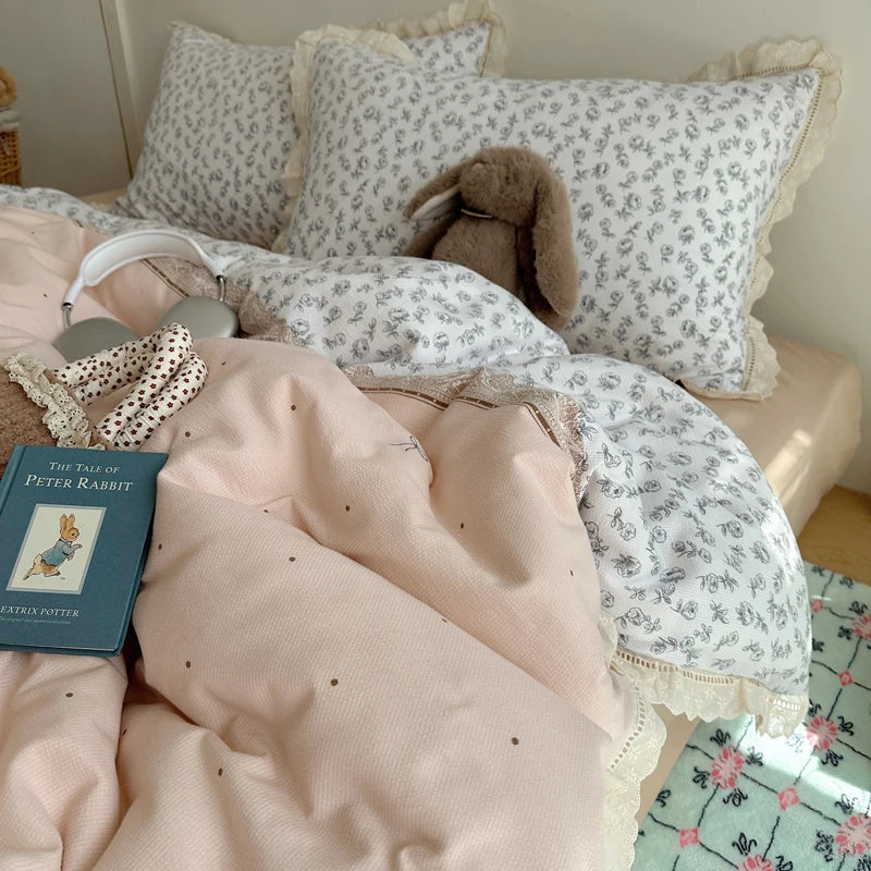 Ins Bedding Set Princess Floral Lace Simple 4pcs Bedding for Girls Woman Quilt Cover Sheet And Pillowcase Spring Home Textiles