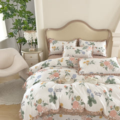 Korean Princess Style Ruffles Bedding Set Duvet Cover Set Flower Printing Quilt Cover Bed Sheet Or Fitted Sheet With Pillowcases