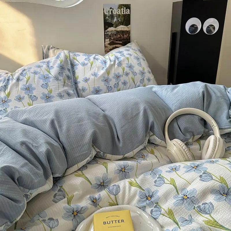A-Class Maternal and Infant Super Soft Wrinkle Yarn Water Washed Cotton Four piece Set Bubble Cotton Quilt Set Bed Sheet