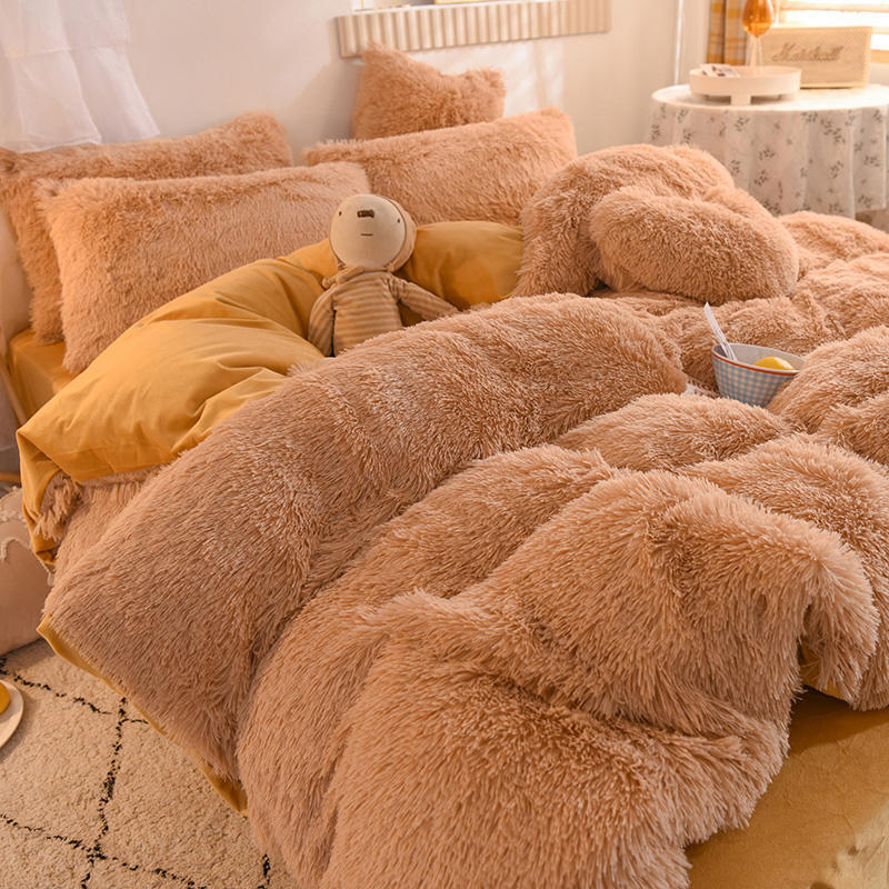 4pcs Autumn and Winter Warm and Thick Solid Color King Size Bedding Set Sheet Quilt Cover Pillowcase 220x240cm