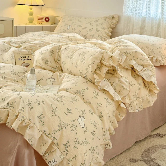 2025 Princess Style Bedding Sets Ruffle Lace Bow Quilt Cover Romantic Bedclothes Decor Woman Girls Bedroom Duvet Cover 4pcs