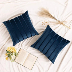 2Pcs Blue Velvet Pillow Covers with Striped Decorative Luxury Soft Cushion Cases for Farmhouse Couch Sofa Living Room