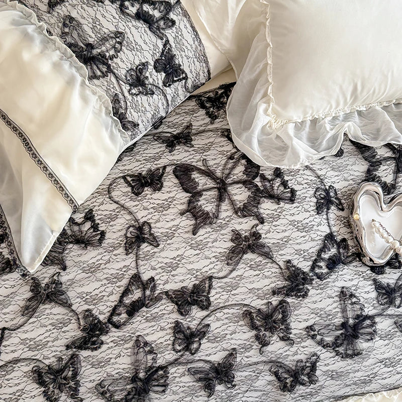 2025 Cotton Princess Bedding Sets Queen Butterflies Embroidered Chiffon Lace Elegant Soft Flat Sheet With Pillowcases 4PCS