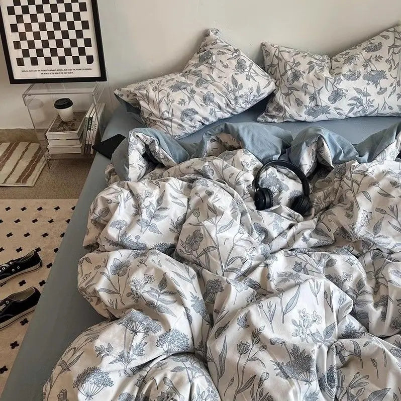Korean Style Ins Retro Fresh Floral Washed Cotton Bed Four Piece Duvet Set, Student Dormitory Bed Sheet Three Piece Set