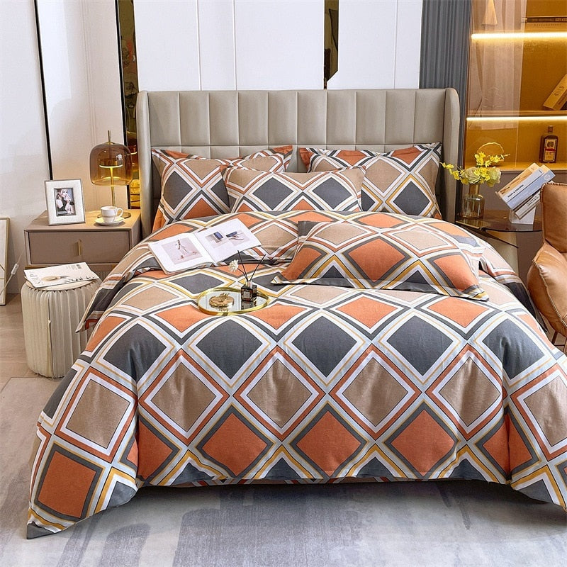 4pcs Autumn and Winter Thickening Soft Bedroom Bedding Set Home Textile Geometric Pattern Sheet Quilt Cover Pillowcase