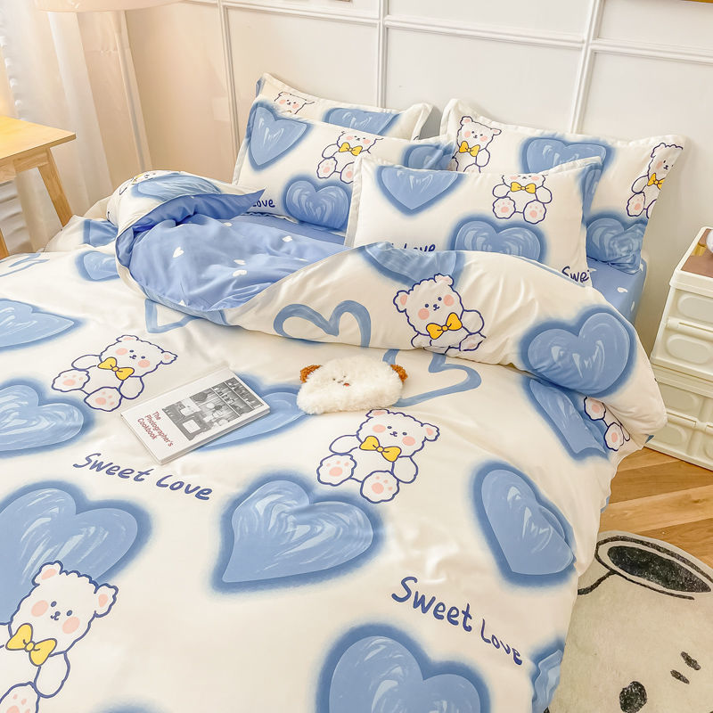 Cute Bear Bedding Set Girls Boys Kids Single Double Size Flat Sheet Duvet Cover Pillowcase Bed Linens White Blue Home Textile