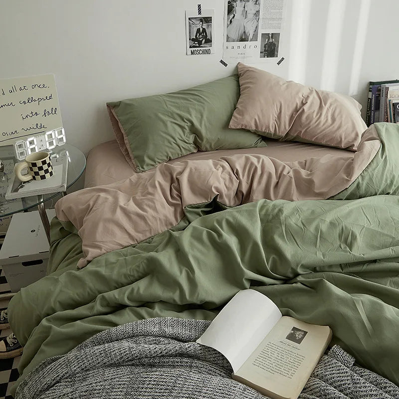 Bed Sheet Set Ins Style Double Color Washed Cotton   Bed Sheet Quilt Cover Sheet 3-piece Set Comforter Set Queen King Size