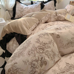 French Romantic Style Bedding Set Princess Skin Friendly And Comfortable Quilt Cover Lace Washed Cotton Printed Duvet  Cover Set