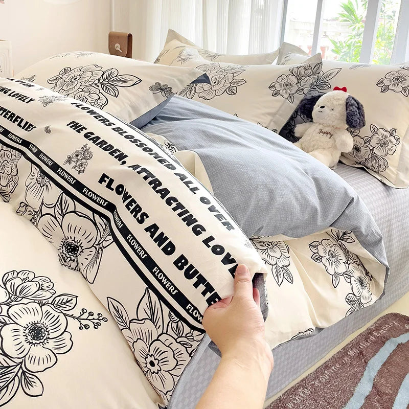 2025 Hot Flora Style Bedding Set Princess Printed Four Piece Set Flowers  Bed Sheet Set Duvet Cover Queen King Size Home Decor