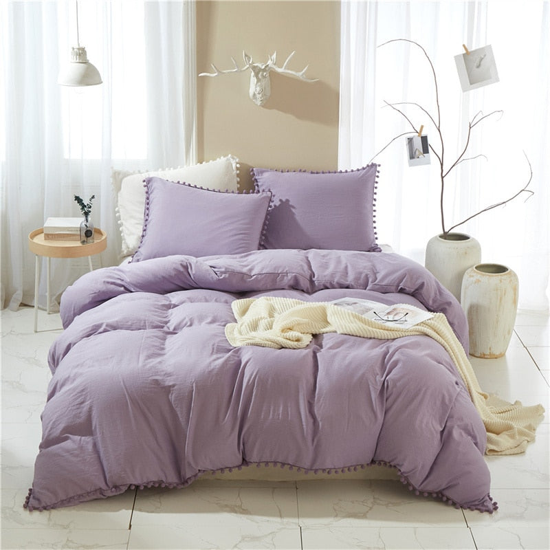 American Style Furball Tasseles Yellow Bedding Set Queen Home Hairball Tassel Bed Cover Sets Soft King Size Duvet Cover No Sheet