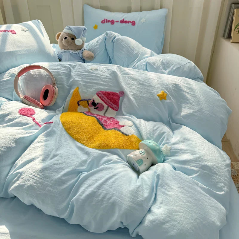 Bedding Set Ins Cute Blue embroidery Mixed With Washed Cotton Minimalist Four Piece Set Fitted Sheets Duvet Cover