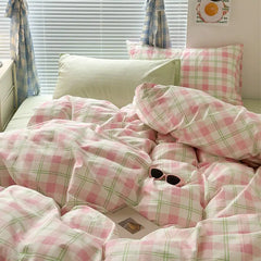 Japanese Style Duvet Cover Set No Filler Blue Plaid Pillowcase Flat Sheet Nordic Single Queen Size Bedding Set