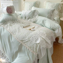 Korean Princess Bedding Set Lace Bow  Beauty Solid Color Lace Ruffle Quilt Cover Luxury Girls Wedding Home Textiles Duver Cover