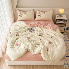 New Printed Duvet Cover with Bed Sheets and Pillowcases, Unfilled Washed Cotton, Full Size Light Luxury Home Bedding Set