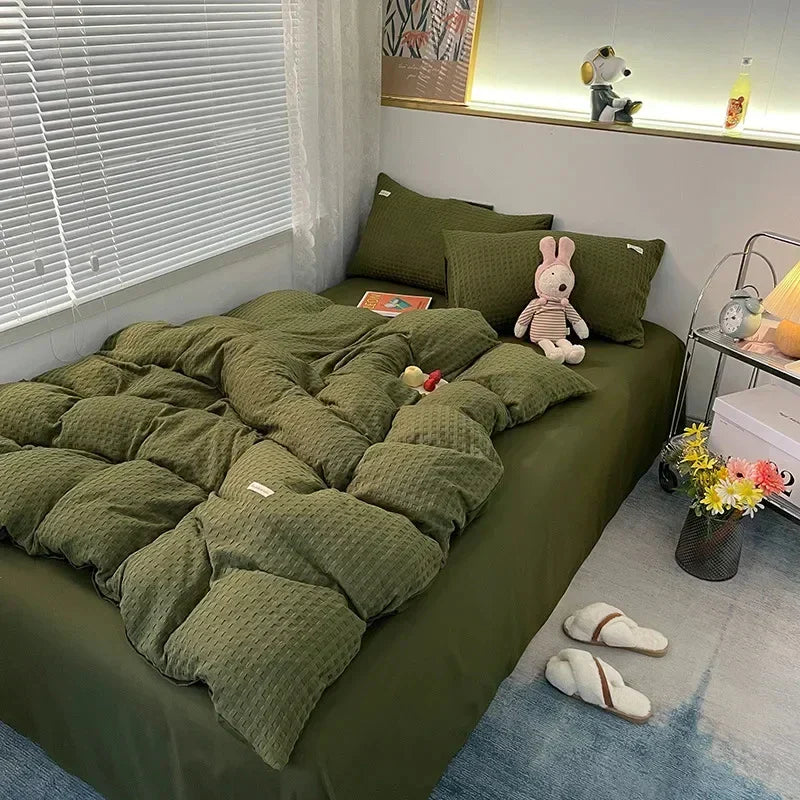 Waffle Four Piece Set Simple Washed Cotton Solid Color Bed Sheet Duvet Cover Pillowcase No Duvet and Pillow Core Bedding Set