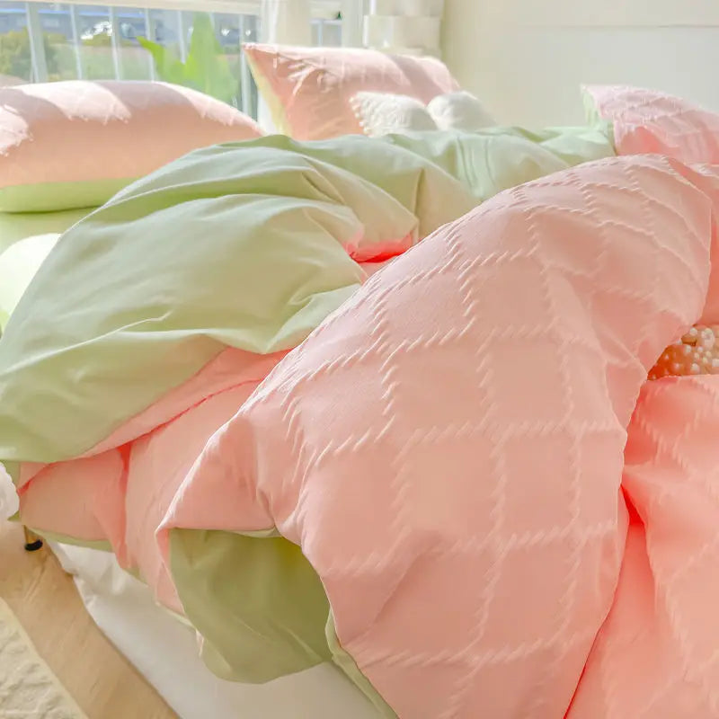 Argyle Jacquard Bedding Set Duvet Cover Pillowcases Flat Sheet Washed Cotton Solid Color Bed Linen Duvet Cover Set