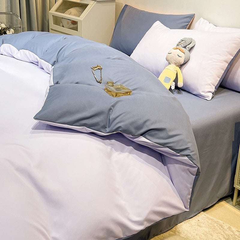 100% Cotton A/B Side Double Spelling Bedding Set,Twin Size,1 Duvet Cover 200x200,2 Pillowcase,No Bed Sheet,Solid Color