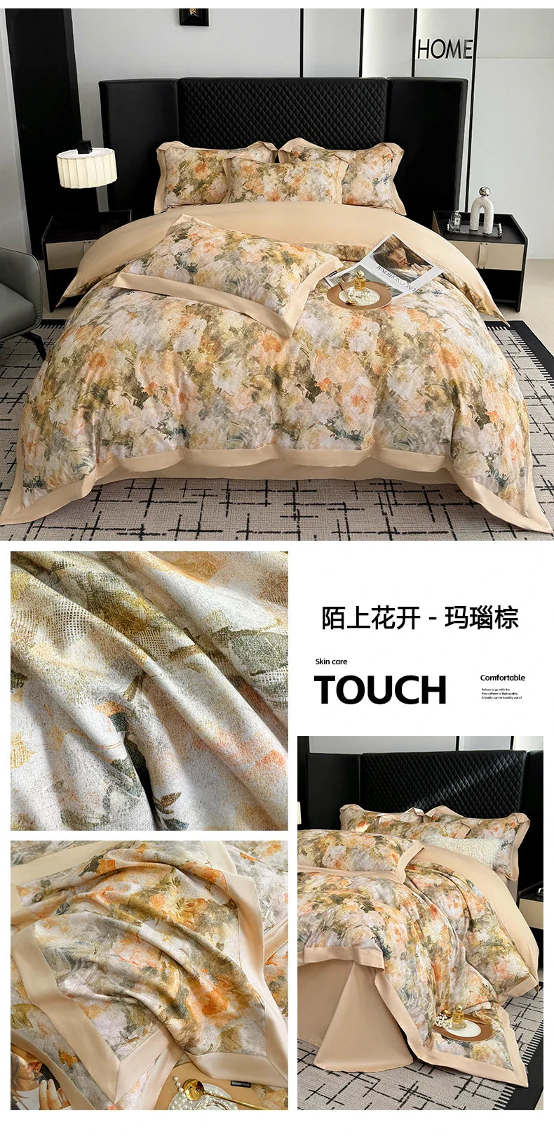 4pcs Floral Print Egyptian 100% Cotton Bedding Set Queen King Comforter Duvet Cover Flat/Fitted Bed Sheet Pillowcases 48x74cm