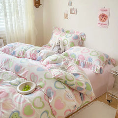 Ins Korean Style Duvet Cover Set with Flat Sheet Pillowcase No filler Washed Cotton Queen Full Twin Cute Floral Home Bed Linen