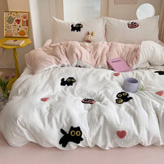 Bedding Set Super Soft Washed Cotton Towel Embroidery Duvet Cover Four Piece Set - Lucky Cat Series