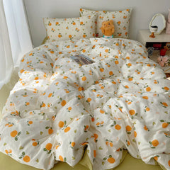 Korean Style Cute Bedding Set For Girls Bed Linen New Skin Friendly Fresh Flora Printed Washed Cotton Duvet Cover Set