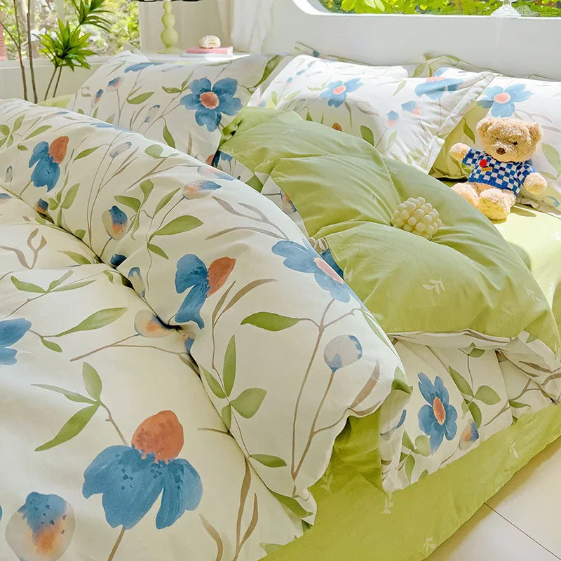 2025 Hot Flora Style Bedding Set Princess Printed Four Piece Set Flowers  Bed Sheet Set Duvet Cover Queen King Size Home Decor