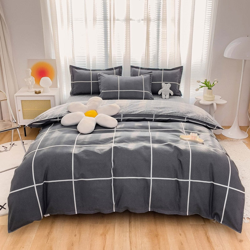 100% Cotton Green Plaid Bedding Set,Nordic Bed Cover 90,Skin Friendly, Duvetcover&2pcs Pillowcase,No Bed Sheet