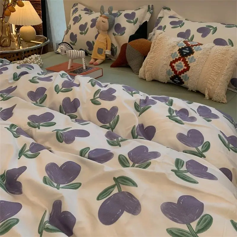 Fashion Floral Bedding Set Blue Pink Boys Girls Single Double Size Duvet Cover Kit No Filling Flat Sheet Pillowcase Home Textile