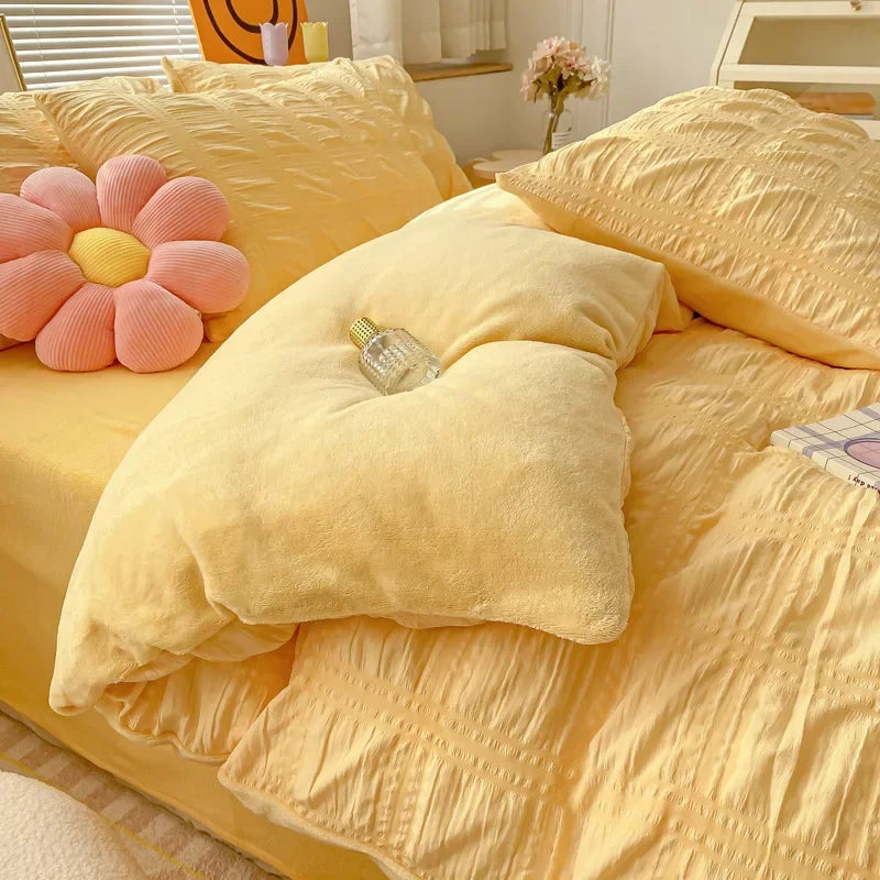 Home Textile Winter Coral Velvet Quilt Cover Four Piece Set Seersucker Duvet Cover Bed Sheet Pillowcase Comforter Bedding Set