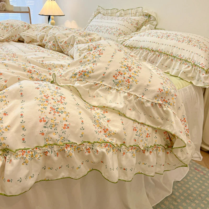 2/3Pc Korean Princess Style Floral Ruffles Bedding Set Single Queen Size Soft Skin-friendly Washed Cotton Duvet Cover Pillowcase