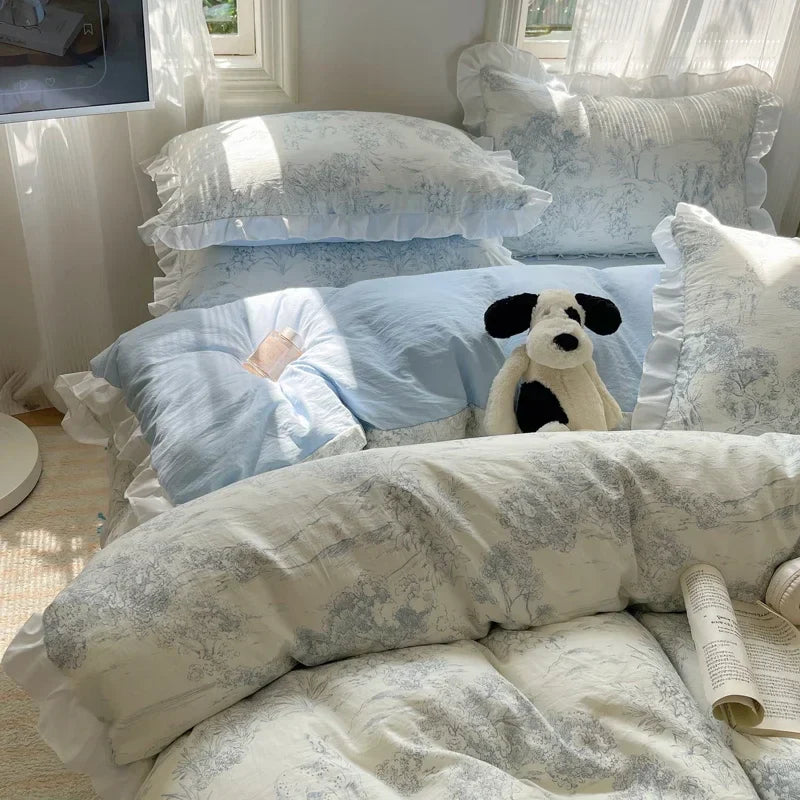 Blue Floral Ruffle Duvet Cover Set Queen Flower Leaf Comforter Covers 4Pcs Soft Luxury Pastoral Garden Washed Cotton Bedding Set
