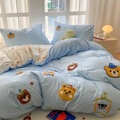 Bedding Set Ins Blue Pink lovely embroidery Mixed With Washed Cotton Minimalist Four Piece Set Fitted Sheets Duvet Cover