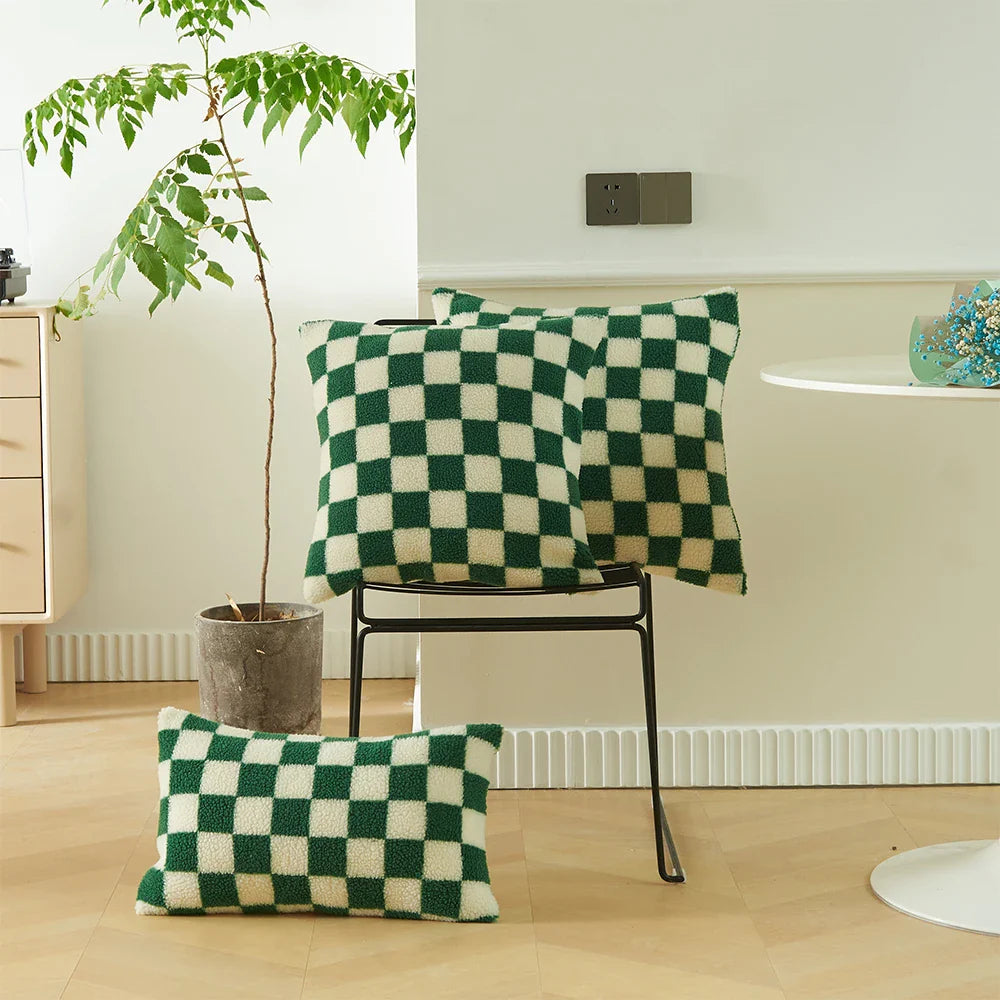 Checkered Cushion Cover Checkerboard Throw Pillowcase Short Fleece Square Pillow Cover For Home Living Room Sofa Decoration