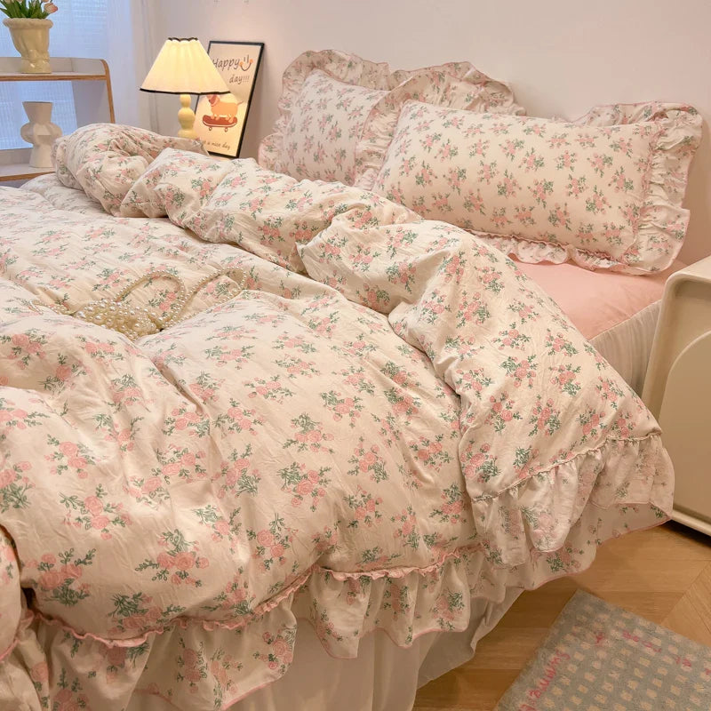 2/3Pc Korean Princess Style Floral Ruffles Bedding Set Single Queen Size Soft Skin-friendly Washed Cotton Duvet Cover Pillowcase