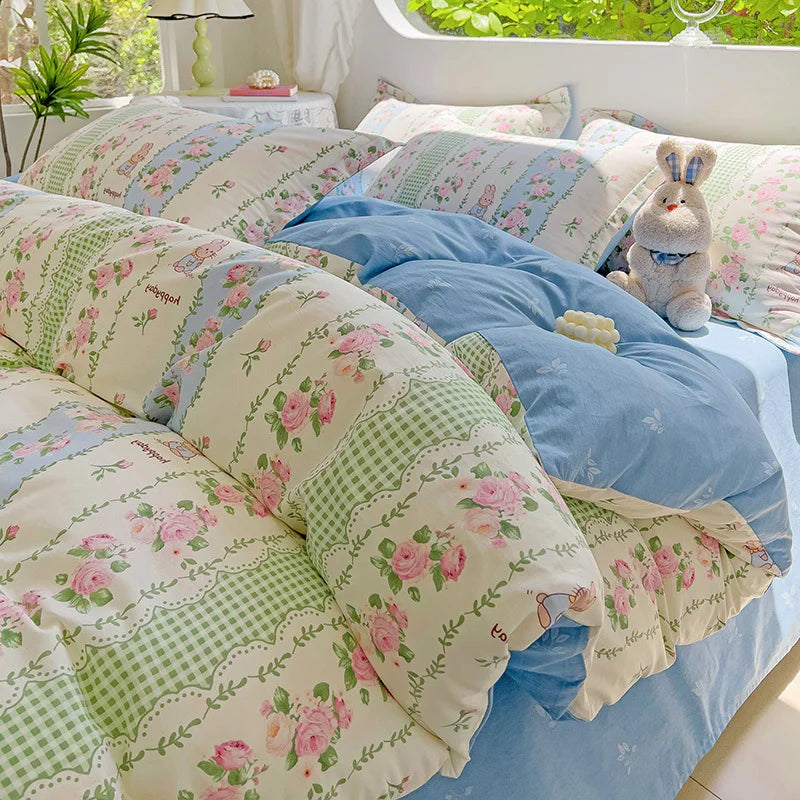 2025 Hot Flora Style Bedding Set Princess Printed Four Piece Set Flowers  Bed Sheet Set Duvet Cover Queen King Size Home Decor
