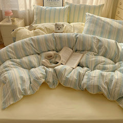 Striped Bedding Set INS Nordic Girls Soft 100% Cotton Bed Sheet Queen King Size Duvet Set Comforter Set Pillowcase Bed Linens