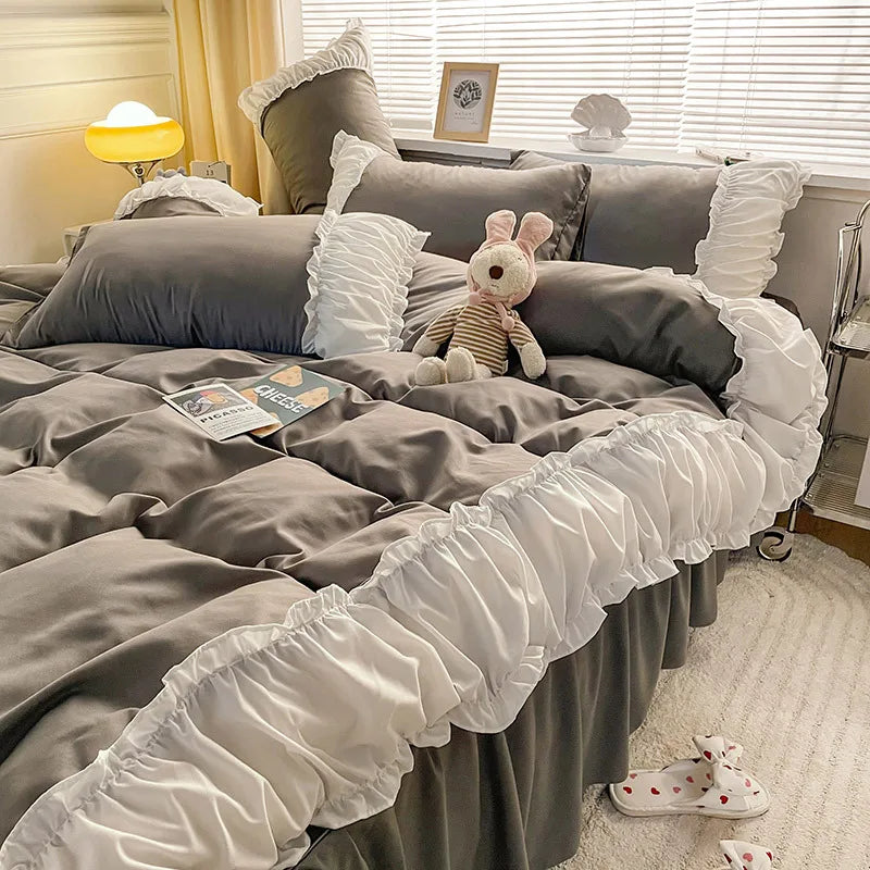 Ins Princess Wind Quilt Cover Four-piece Set Girly Heart Solid Color Bed Sheet Dormitory Bed Three-piece Set Linen Sheets Sets