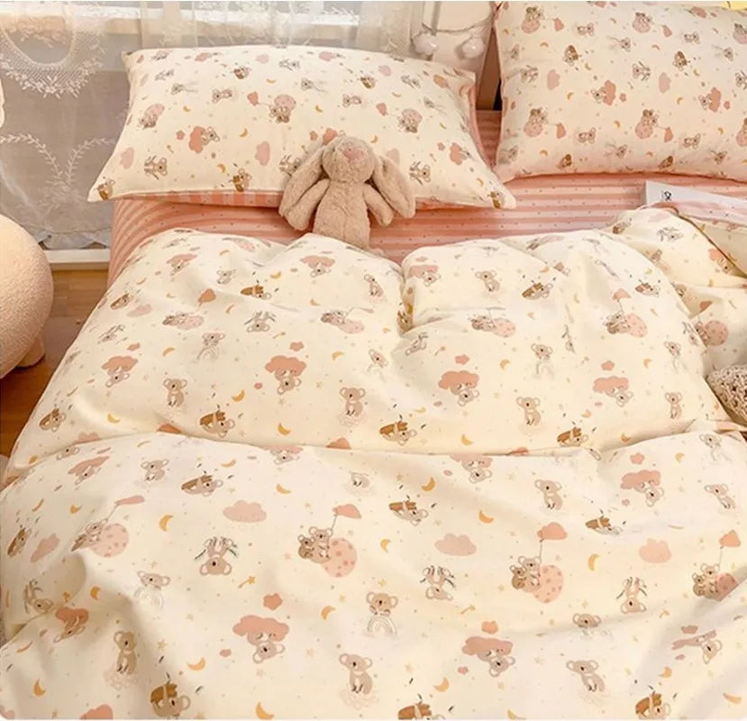 Fashion Floral Bedding Set Blue Pink Boys Girls Single Double Size Duvet Cover Kit No Filling Flat Sheet Pillowcase Home Textile