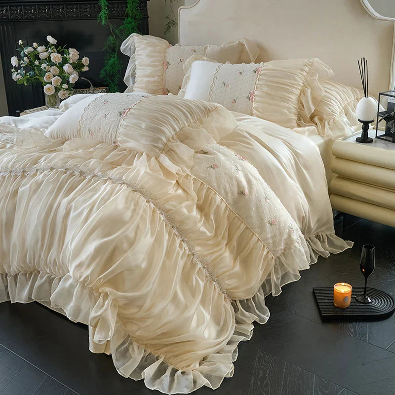 100% Tencel Bedding Set 60s Lace Flat Sheet Set With Pillowcase Queen King Double Size Bare Sleeping Skin-Friendly Bed Linen Set