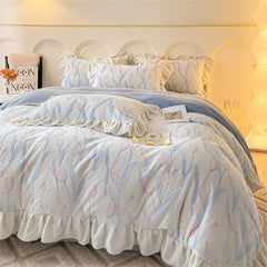 New Bedding Set High Weight Carved Milk Flour Set Girl Ruffle Bed Tulip Thicken Warm Quilt Cover Sheet Pillowcase Decor Bedroom