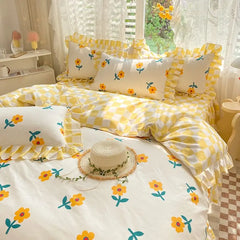 Pink Korean Princess Bedding Set No Filling Cute Strawberry Duvet Cover Checkerboard Single Queen Size Bed Linen Pillowcases