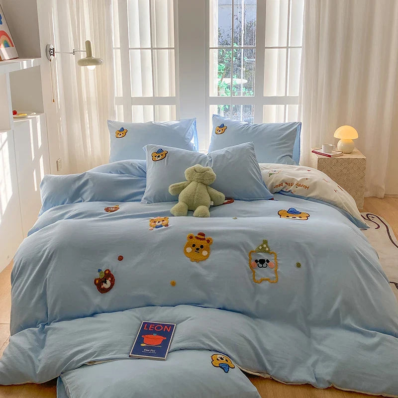 Bedding Set Ins Blue Pink lovely embroidery Mixed With Washed Cotton Minimalist Four Piece Set Fitted Sheets Duvet Cover