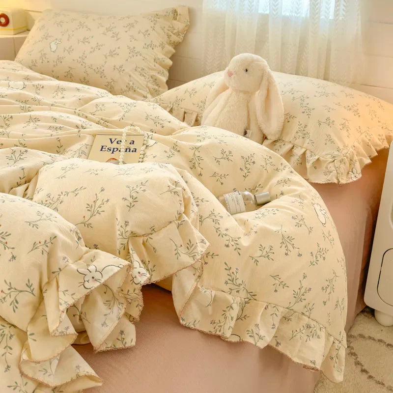 2025 Princess Style Bedding Sets Ruffle Lace Bow Quilt Cover Romantic Bedclothes Decor Woman Girls Bedroom Duvet Cover 4pcs
