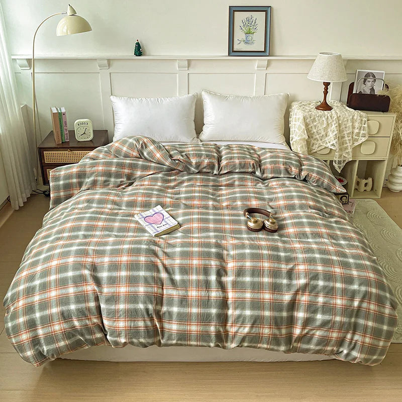 2025 New All-cotton Washed Cotton Single Quilt Set Printed Plaid Duvet Cover 150x200 220x240 Skin Friendly Bedding