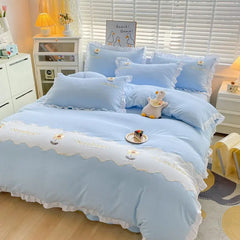 Ins Korean Style Bedding Set with Ruffles Princess Duvet Cover No Filling Flat Sheet Pillowcases Kit Girls Blue Pink Solid Color