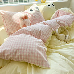 Cute Big Eyed Four Piece Set Plaid Duvet Cover Set With Sheet Bedroom Decor Skin Friendly Single Double Bedding Set Home Textile