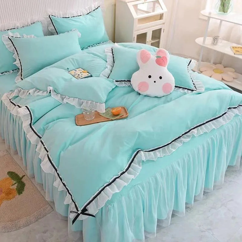 Checkered Bedding Set Bed Skirt Ruffle Lace Princess Style Girls Duvet Cover Simple Solid Color Home Textiles Decor Bedroom