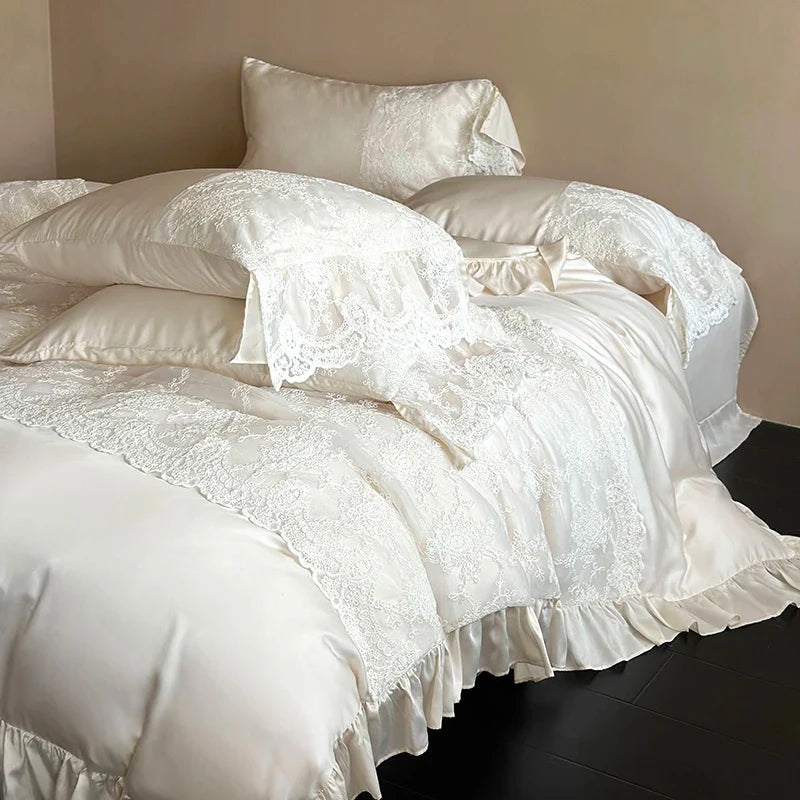 Vintage Lace Splicing Princess Wedding Bedding Set 1000TC Egyptian Cotton Duvet Cover Bed Sheet/Fitted Sheet Pillowcases 4Pcs